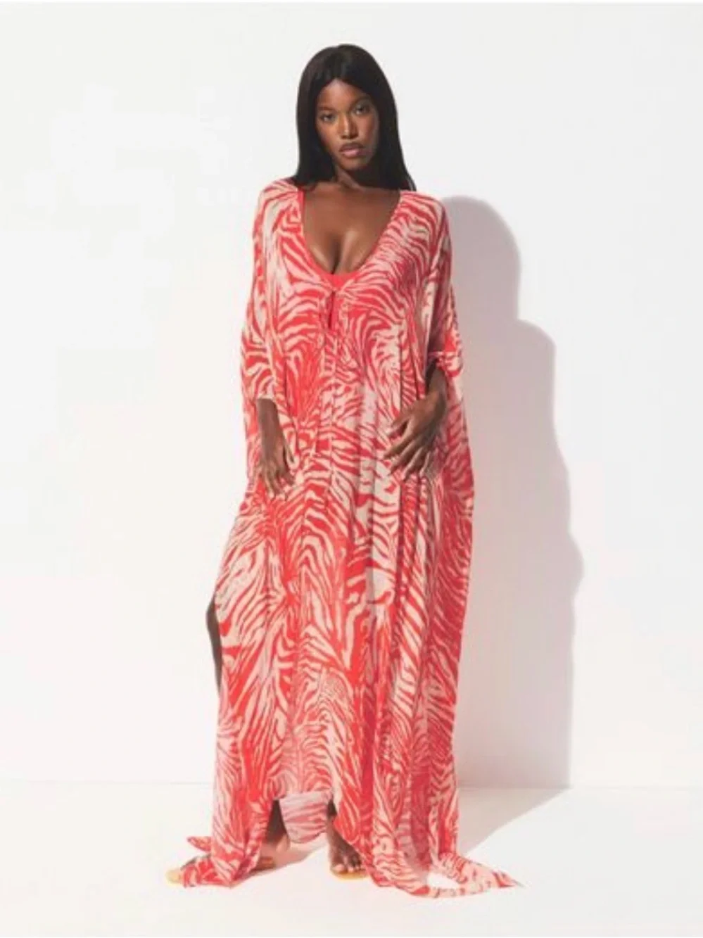 SKIMS Coral Zebra-Print Caftan Cover-Up